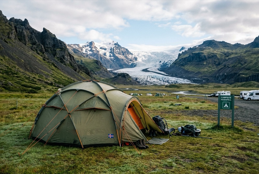Geodesic camping tent pitched responsibly at an Icelandic valley campsite