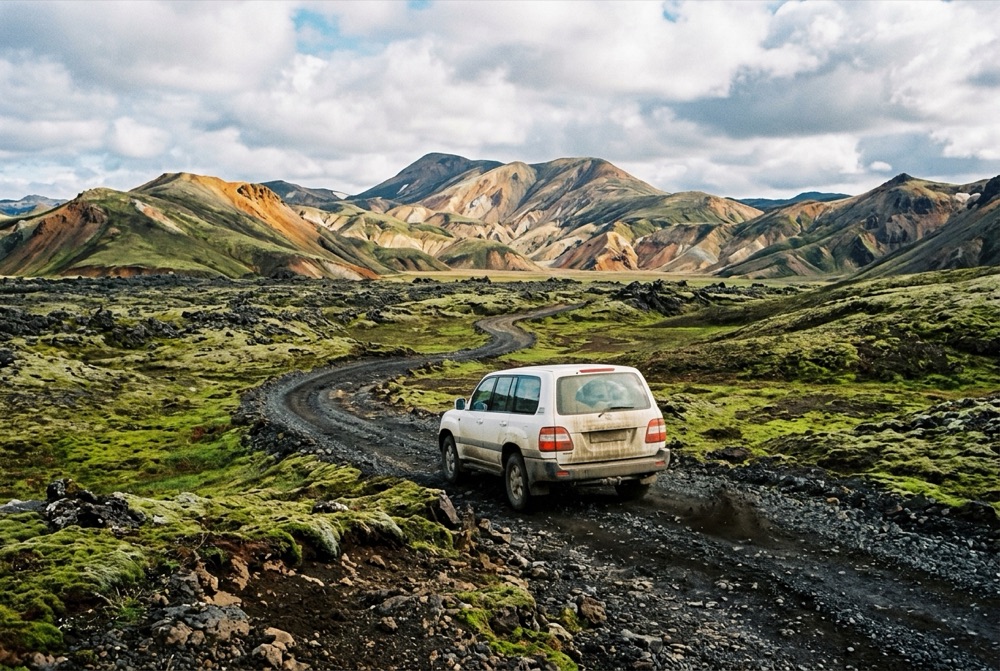4x4 SUV driving across a volcanic mountain track in the Icelandic Highlands