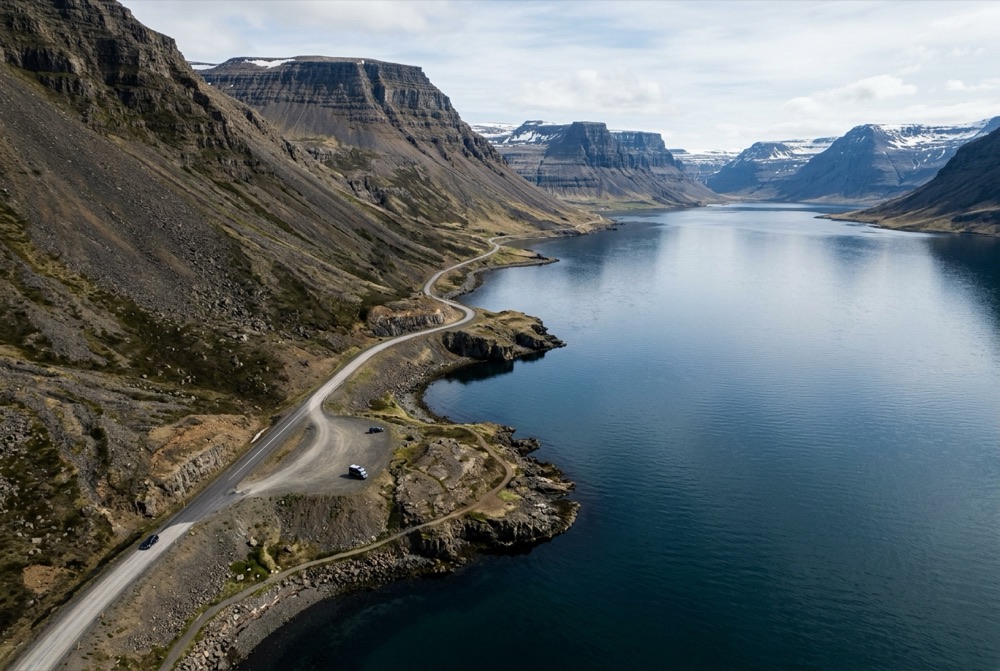 Winding fjord highway beneath steep coastal mountains in the Westfjords of Iceland